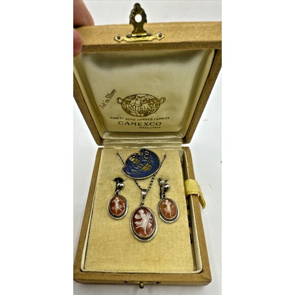 Art Deco Antique Cameo  Earrings Necklace Set 800 Silver Original Box Italy - Picture 1 of 9